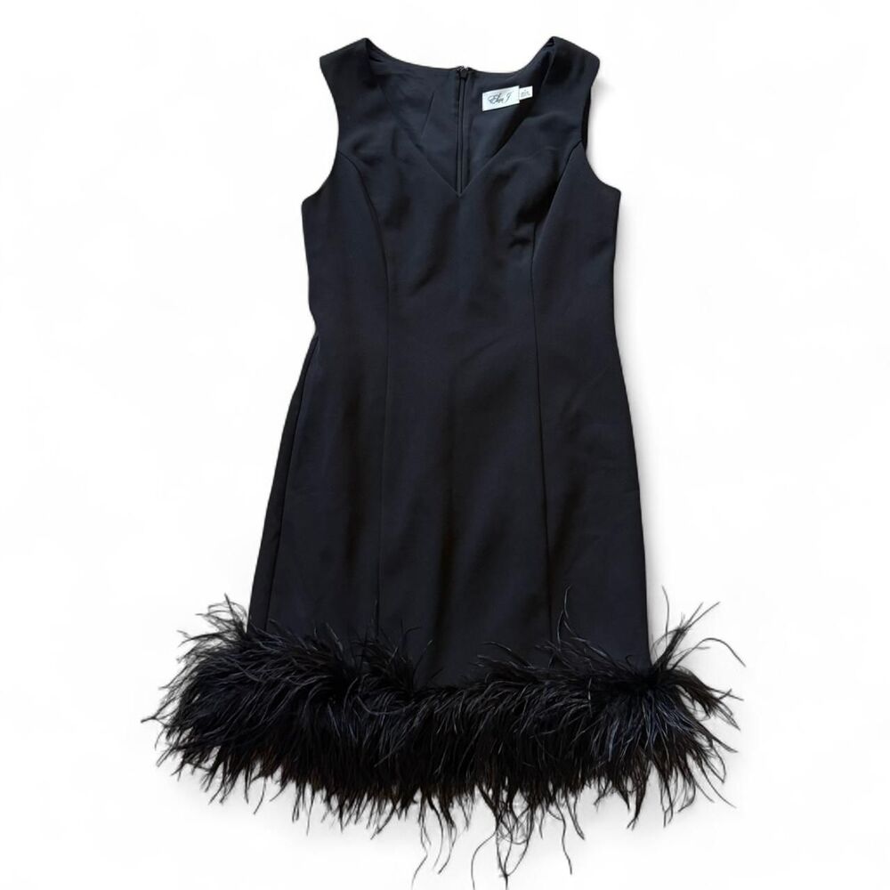 Eliza J black sleeveless mini dress with feather trim hem